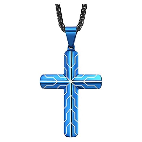 JO WISDOM Blue Cross Necklace 316L Stainless Steel Titanium Steel Stripe Religious Cross Crucifix Pendant with 24 Inch Pearl Chain 3 MM for Men and Women Cover