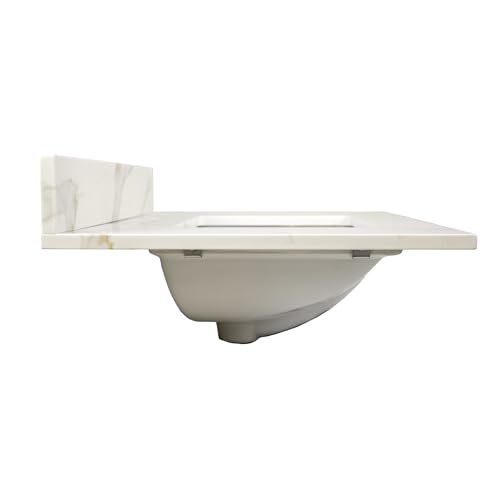 Image of Design House Calesco Calacatta Quartz Bathroom Vanity Top, White with Taupe and Grey Veining, Pre-Mounted White Bowl, 31 in L x 22 in W x 12.5 in H, with Backsplash, 4 in Center Set, 227900-CC-CC