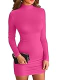VICHYIE Women Dress Mock Neck Bodycon Ribbed Long Sleeve Fall Mini Hot Pink M