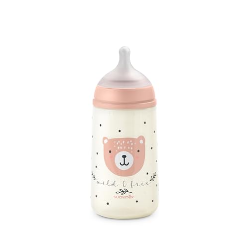 Suavinex, Biberón de 270 ml con Tetina Fisiológica SX Pro de Silicona con Válvula Anticólico, de Flujo Medio (M), para Líquidos Densidad Media, Leche, Zumos o Agua. Bebés +3 Meses. Wild&Free Rosa