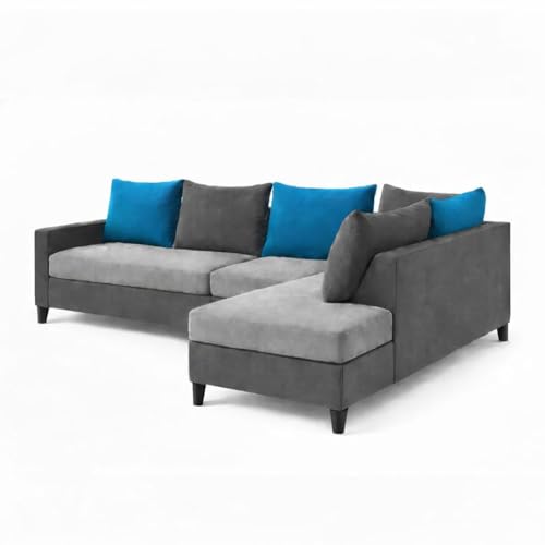 Image of FURNY Glory 6 Seater RHS Fabric Sofa Set (Dark Grey-Light Grey-Aqua Blue) with Velvet Finish | Durable Comfort | Ideal for Living Room | Breathable material
