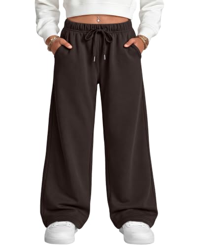 LessonZoo Girls Wide Leg Sweatpant Elastic Drawstring Baggy Casual Basic Jogger Athletic Trendy Kids Pant with Pockets(Brown 7-8 Years)