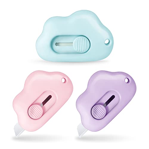 Image of Sonuimy Ceramic Mini Box Cutter Utility Knife,Cloud Retractable Box Opener, Cute Small Little Box Cutters with Keychain Hole, Package Opener Tool for Car Office Work Cardboard -3pcs(Pink Purple Blue)
