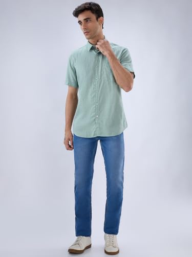 Image of Parx Men Slim Fit Solid Pattern Pure Cotton Button Down Collar Half Sleeve Casual Shirt