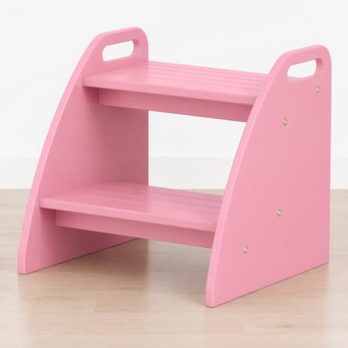 Image of Bamboo 2 Step Stool 300lbs Capacity, Wooden Two Step Stool with Non-Slip Handles, Heavy Duty Stepping Stool for Bedside High Beds Adults, Sturdy Small Bathroom Kitchen Pink Step Stool