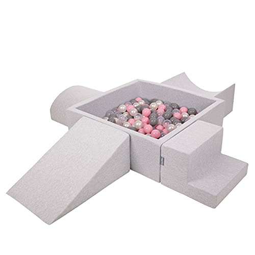 KiddyMoon Aire De Jeux en Mousse avec Carré Piscine À Balles (200 Balles) Fosses À Boules pour Enfants Jouets Parcours Obstacles, Fabriqué en UE, Gris Clair: Perle/Gris/Transparent/Rose Poudré