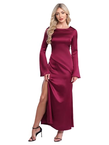 Robe de soirée en satin à manches longues longue et fendue IEFIEL pour femme