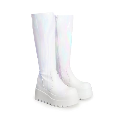 DREAM PAIRS DREAM PAIRS Women's Knee High Boots Wedge Platform Chunky Heel Round Toe Side Zipper Fashion Long Tall Sock Punk Goth Boots for Women,Size 9.5,White-Pat,SDKB2409W