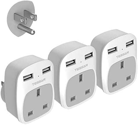 UK to US Plug Adaptor 3 Pack, TESSAN USA Travel Adapter with 2 USB, Grounded UK to USA Plug Adapter, 3 in 1 American Plug Adapter UK to US, Mexico, Canada, Thailand, Colombia, Cuba etc. (Type B)