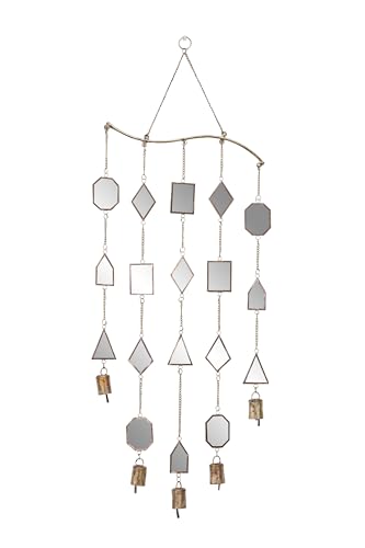 Deco 79 Metal Geometric Indoor Outdoor Windchime Garden Decor with Glass Mirrors and Bells, Hanging Ornament 14" x 1" x 32", Brown