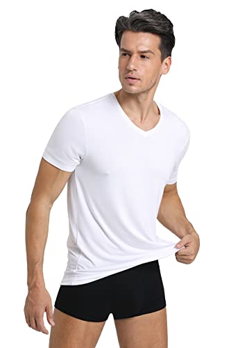 Men's Soft Comfy Bamboo Rayon Undershirts Breathable Tees Short Sleeve T-Shirts V Neck In 3 Pack(Bkwtgy-L) #TOP2