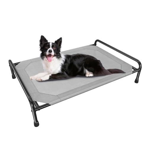 Ekisemio Outdoor Elevated Dog Bed, Cooling Elevated Cot with Breathable Mesh, Waterproof, Easy to Assemble, Anti-Slip Feet, Silver Gray