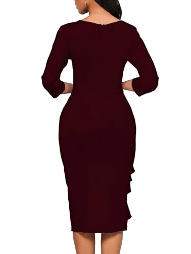 Image of Church Dresses for Women 3 /4 Sleeve Ruffle Vintage Bodycon Cocktail Work Midi Pencil Dress