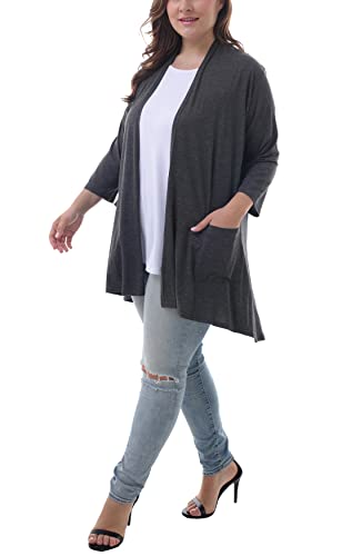 Zerdocean Women's Plus Size 3/4 Sleeve Lightweight Soft Printed Drape Cardigan With Pockets Dark Gray 3X #TOP4