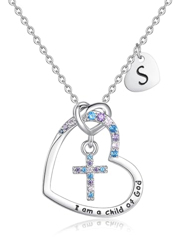 Cross Necklace for Girls | I am a child of God Necklace for Girls | Heart Letter initial | 18K White Gold Plated Pendant Jewelry First Communion Baptism Gifts Christmas Birthday Gifts for Girl Women (S)