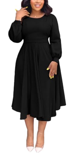 Fall Maxi Dress For Women Fall Dresses For Women – Semi-Formal Casual Slim Long Puff Sleeve O-Neck Elegant Swing A-Line Maxi Dress