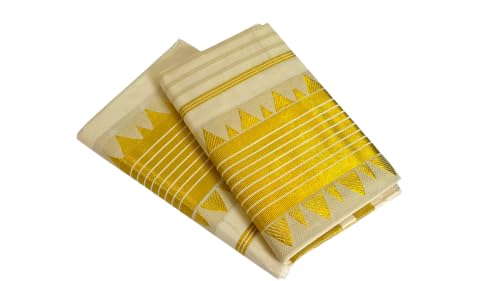 Image of Womens Kuthampully Set Mundu With Golden & Stripes Kara