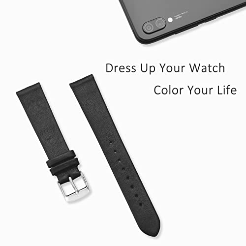 WOCCI 18mm Lug Width, Elegant Watch Band, Genuine Leather Replacement Strap with Silver Buckle (Black)