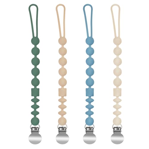 Image of MINMUNJIU Silicone Pacifier Clips for Boys, 4 Pack One Piece Soft Flexible Pacifier Holder Clip Binky Clips for Boys