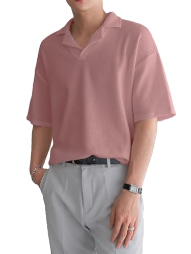 Image of Men's Textured Waffle Knit Polo T-Shirt | Relaxed Fit Half Sleeve Collared Tee | Soft Breathable Casual Summer T-Shirt