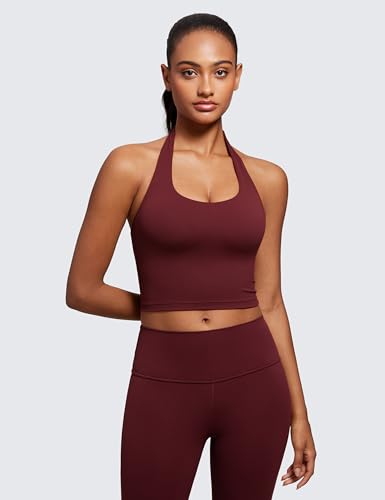 Image of CRZ YOGA Butterluxe Halter Crop Tank Tops | Light Support, Removable Pads, Yoga, Extremely Soft, Open Back, Longline Sports Bras for Women