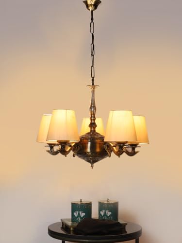 Image of Devansh 05 Lights conical Off-White Cotton Shade with Antique Golden Chandelier