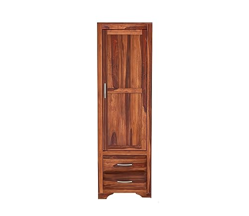 Image of Sheesham Wood Wooden Single Door Wardrobe Organizer for Clothes | - Solid Wood Almirah with 2 Drawers, 2 Shelves with Hanging Space - Cupboard for Large Bedroom (Design 30)