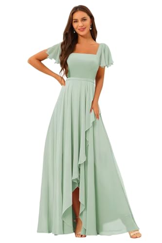 Square Neck Bridesmaid Dresses 2025 with Sleeve Long Chiffon Formal Evening Dress QA0043