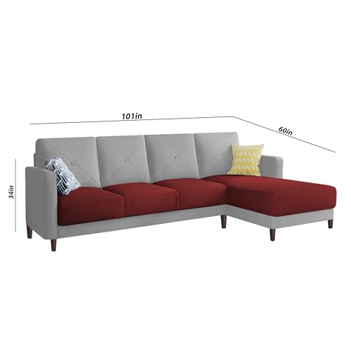 Image of Baloney RHS 6 Seater L Shape Sofa Set for Living Room (Maroon Grey Fabric) Premium Fabric Sofa