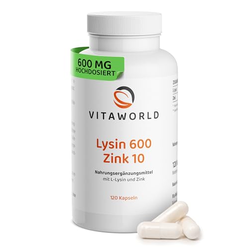 Lysin + Zink - L Lysin Kapseln hochdosiert 620 mg pro Tag (120 vegane Kapseln) - 4-Monatsvorrat - 496mg reines Lysin + Zink 10mg für Ihr Immunsystem - ohne Zusätze, gluten- & laktosefrei - vitaworld
