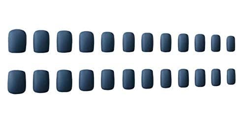 JINDIN Press On Nails Square Blue Short Matte Fake Nails with Glue Design False Nails Full Cover Acrylic Sticker On Nails for Women Girls 24 Sheet (Navy Blue)