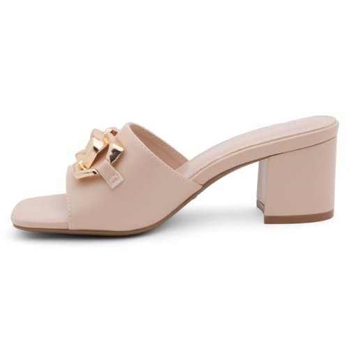 Image of Shoe Land Women's Low Block Heels 2025 - Square Open Toe Slip-On Mules with Metal Chain, Comfortable Chunky Dressy Heeled Slides for Wedding, Office, Party & Everyday Wear