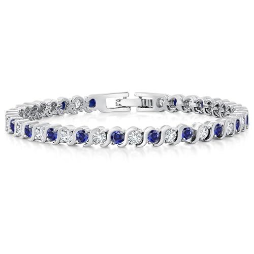 Gem Stone King 3MM Simulated Blue Sapphire and Sparkling White Cubic Zirconia Tennis Bracelet for Women | 4.50 Cttw | Size 7 Inch | Choice of Color