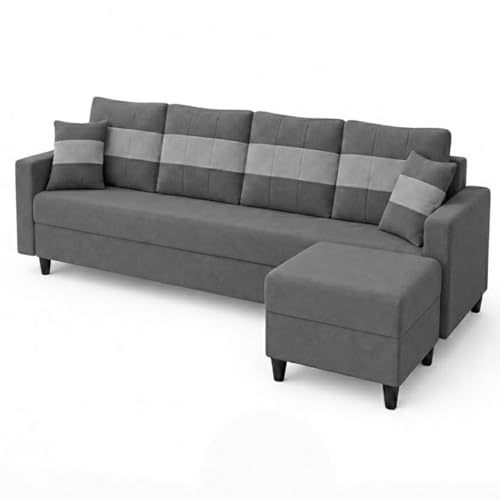 Image of Cavona 5 Seater L Shape Sofa Set with Movable Ottoman | Flexible Layout | Luxury Velvet Suede Fabric | Modern Living Room Sofa | Dark Grey