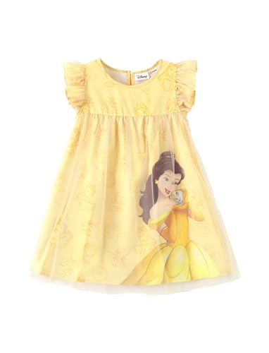 Disney Princess Belle Toddler Girls Dresses Ruffle Tulle Short Sleeve Mesh Skirt Birthday Party Outfits Tutu Twinkle Cute Summer A-Line Sundress Character Print Clothes Prom Costume Gifts Yellow 3-4T