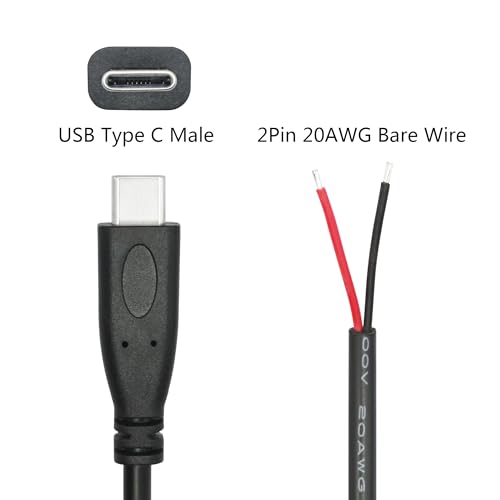 Image of Short USB C to 2 Pin Bare Wire Open End Power Cable 10inch, 20AWG 5V USB Type C Male Plug 2 Pin Pigtail Cable, for USB Type C Equipment Installed or Replacement Repair DIY Cable