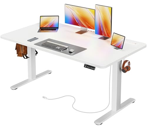 Image of Huuger Electric Standing Desk with Power Outlets and USB-C Port, 55 X 24 Inch Height Adjustable Desk, Sit Stand Desk for Home Office, Computer & Gaming Desk with 4 Presets, Stable Steel Frame, White