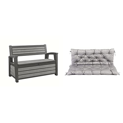 KETER Banc Coffre extérieur Hudson - 227 litres & Ambientehome 90266 Coussin de Banquette 2 Places et Coussin de Dossier Housse de Banc Hanko, Gris Clair, env. 120 x 98 x 8 cm