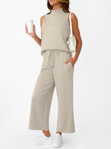 Image of AUTOMET Womens 2 Piece Mock Neck Matching Summer Tracksuit Set Sleeveless Tank Top Wide Leg Crop Pant Sets