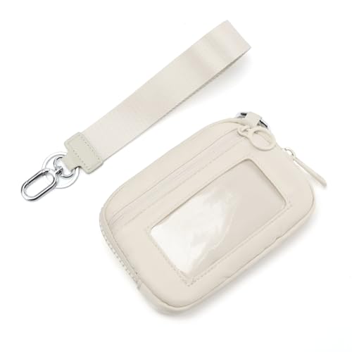 Image of The Iris Wallet Zipper Mini Coin Purse Keychain ID Holder Wallet | Zip Card Case with ID Window Purses for Women Mini Portable Keychain Wallet,Beige with Lanyard