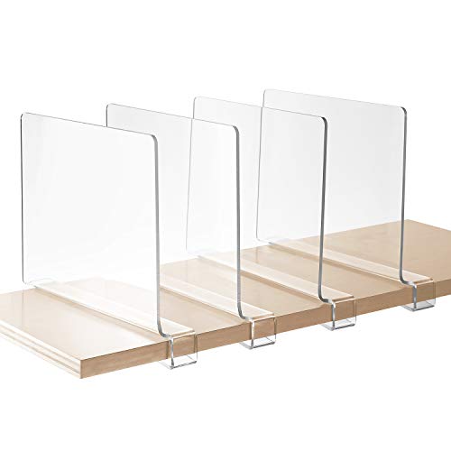 StorageMaid Acrylic Shelf Dividers for Bedroom Closets, Kitchen Cabinets, Wood Shelves, Bookcases and Libraries Versatile, Multi-Functional Organizers for Home and Office, 4, Clear, SMC110-4