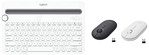 Image of Logitech K480 Wireless Multi-Device Keyboard - White & Pebble M350 Wireless Mouse - Graphite and Off White, Bluetooth or USB, Silent, Slim Computer Mouse