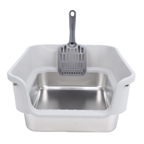 Nosqew Caja de Grande para Gatos, Bandeja de de Lados Altos de Acero Inoxidable con Entrada Superior y Diseño Medio Cerrado para Control de Olores y Fácil Limpieza, pa (Gris Claro)