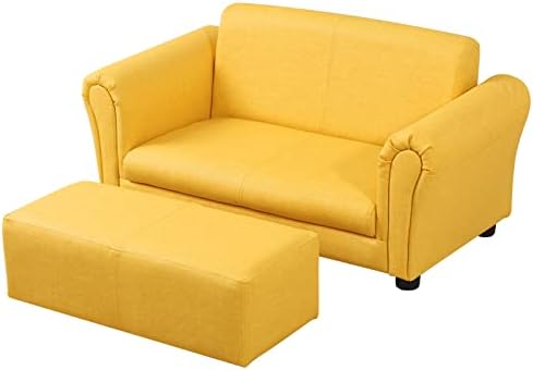 Getifun Kids Sofa Chair with Ottoman/PVC Leather Toddler Couch with Plastic Legs/Upholstered Children Armchair for Kids Under 4 Years Old/Double Seat with Stool (Yellow)