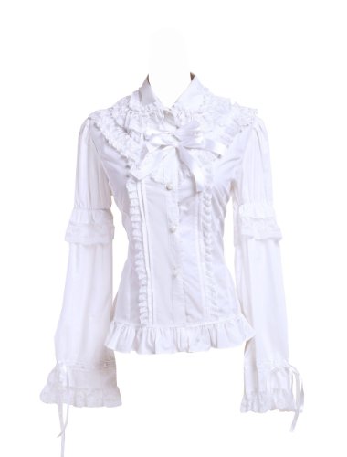 Chemisier Lolita pour Femme Blanche Coton Volants Dentelle Vintage Victorien Sweet,M Cover