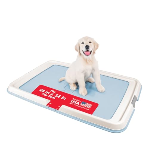 Image of IRIS USA Pee Pad Holder for Dogs and Puppies, Potty Training Tray with Secured Latches, Non-Skid Feet, Leak Protection, Easy Clean Surface, Fits 28 inchx 34 inch Puppy Pads Size or Larger, Blue