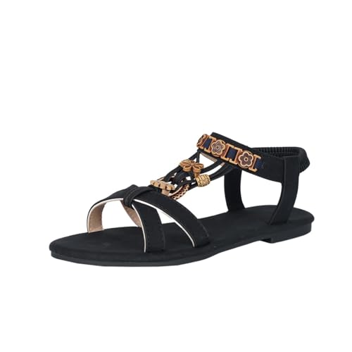 Women Bohemia Beaded Flats Sandals Summer T-Strap Sandal Casual Open Toe Ankle Elastic Band Shoes