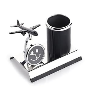 Aeroplane Miniature Metal Pen Stand With Clock, Stylish Stationary Desk Organizer, Pencil Holder, Elegant Corporate Gift Set, Durable Decorative Showpiece For Office