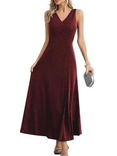 Missufe Damen Elegant Wickelkleid Abendkleid Cocktailkleid Ballkleid Maxikleid Lang Hochzeit Festlich V-Ausschnitt Kleider mit Schlitz (Weinrot, L)