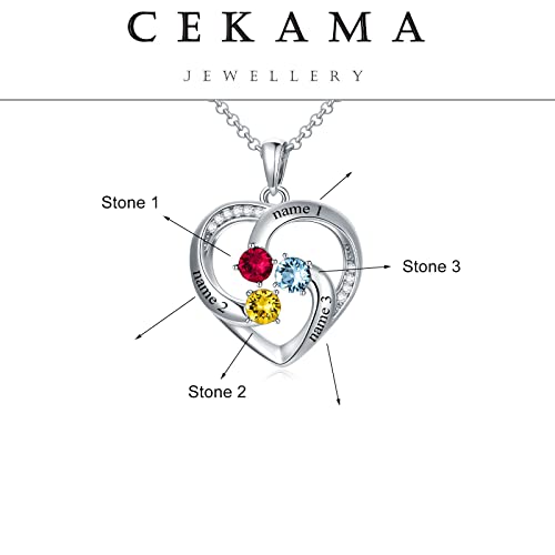 Custom Name Birthstone Necklace for Mom Sterling Silver Personalized Heart Name Necklaces for Women with 3 Birthstones Mother's Jewelry Gift for Mother's Day3